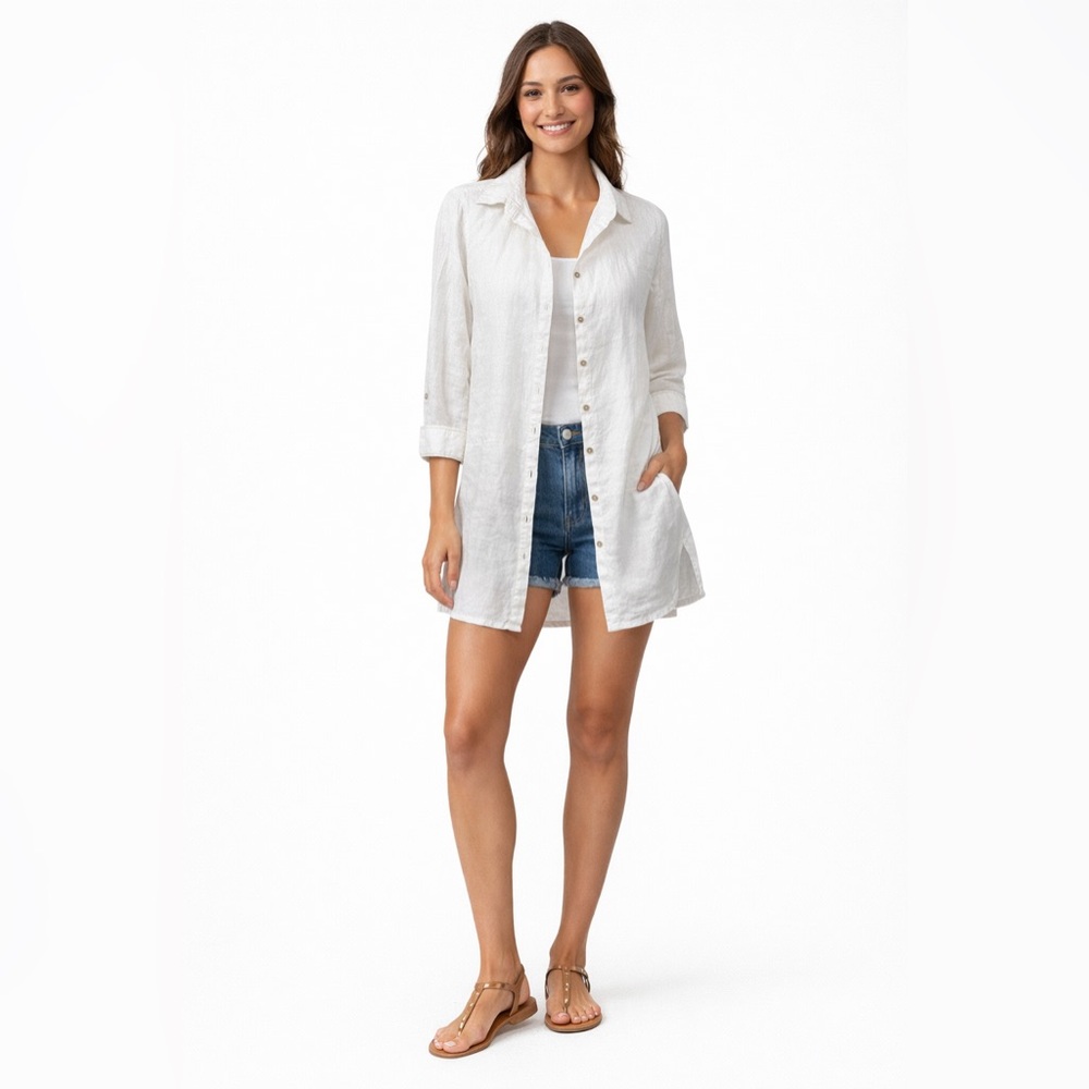 Tahari Essentials 100% Linen Lagenlook Classic White Button-Down Shirt Size S